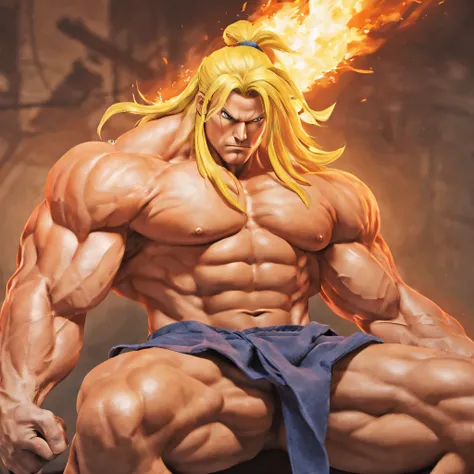 masterpiece,best quality,highres,Ken from street figher,bara,lifting fire ,naked,sitting ,erected big vein, fire around hands ,full of masculinity,manly,mature,handsome,huge,muscular,strong,in gym, street fighter, ken with long yellow hair (sf), nsfw