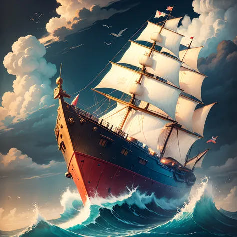 finest image, large ship made of colorful origami paper, Noahs Ark, rough sea, cloudy sky, Japanese painting style, detailed and delicate depiction