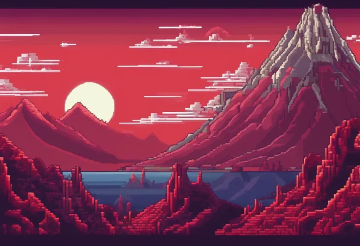 A mountain filled with dead monsters,blood moon,very detailed pixel art,futuristic,look close