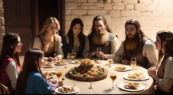 Create an image of a party at the home of King Davids son, with several of the kings sons and daughters sitting around a table eating and drinking. They all have long hair and beards.