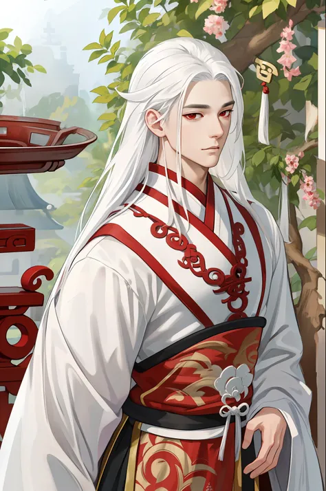 nsfw, masterpiece, best quality, ultra-detailed, semi-realistic, detailed facial features, 1boy, white hair, long hair, red eyes, wearing a detailed and intricate xianxia ancient clothes