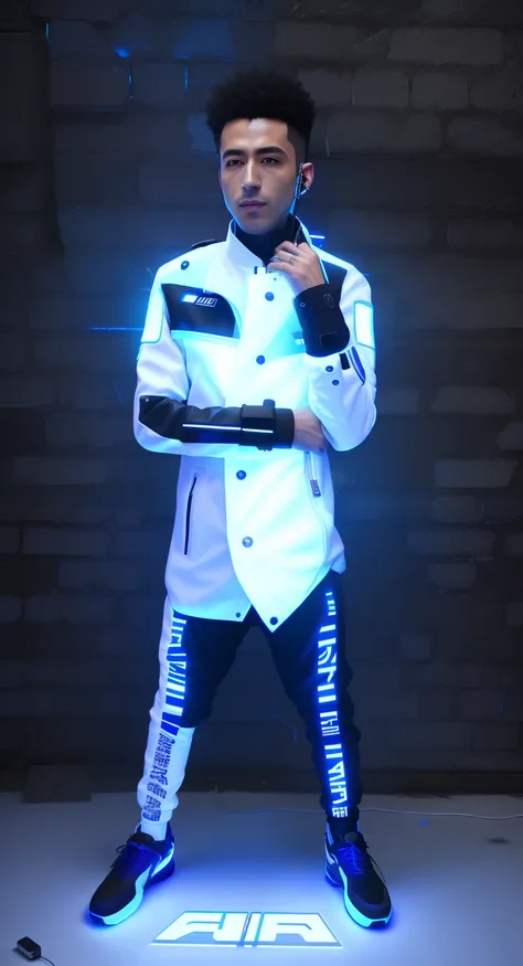 arafed man in a white jacket and black pants holding a laptop, wearing space techwear, stylish coat for a rave, cyber future jacket, wearing urban techwear, wearing off - white style, wearing cyberpunk streetwear, wearing cyberpunk 2 0 7 7 jacket, wearing ...