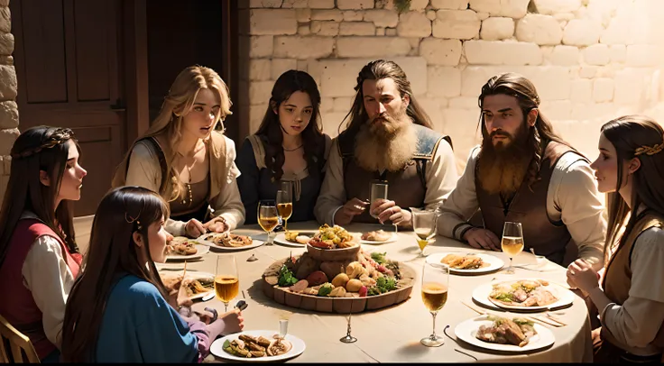 Create an image of a party at the home of King Davids son, with several of the kings sons and daughters sitting around a table eating and drinking. They all have long hair and beards.