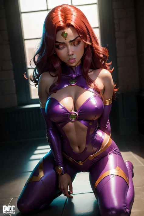 DC Comics Starfire is crouched in a room in anger and her eyes are closed, Your mouth is open, camelo, Facesitting POV, boca aberta e olhos fechados de raiva, molhado com suor