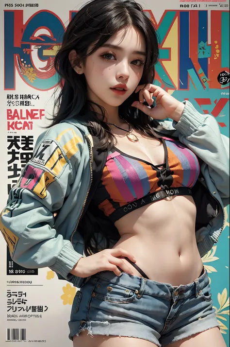 1girl, sfw, cap, shorts, jacket, (Magazine cover-style illustration of a fashionable woman in a vibrant outfit posing in front of a colorful and dynamic background. She has a confident expression and is striking a pose. The text on the cover should be bold...