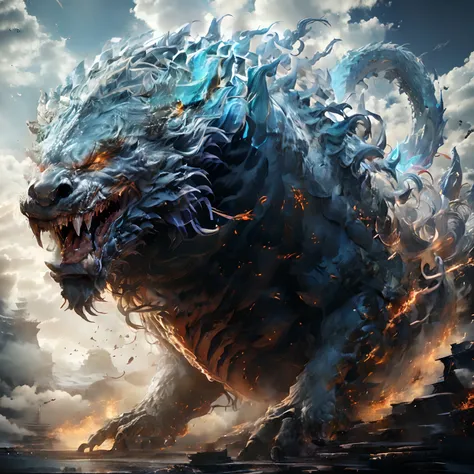 A mountain and sea behemoth，Between mountains and sea，腾云驾雾，Fierce eyes，Roar to the sky，Ultra HD image。