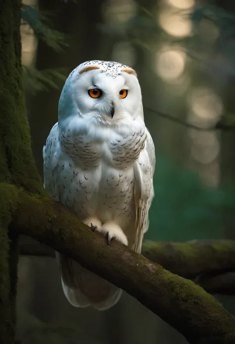 There is a white owl in a beautiful forest