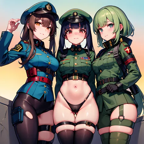 Tres mujeres con uniformes militares posando para una foto, De Girls Frontline, Thicc, detalles finos. girls frontline, militarista!!!, Infantry girls, Chicas de anime, Estilo anime Ecchi, Anime Maid SS Militar, Military girl, Compostura militar perfecta, ...