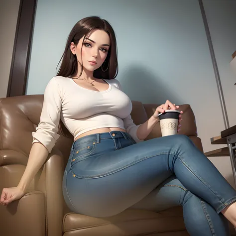 milf, sitting, crossed legs, jeans pants,