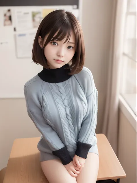 kawaii　a beauty girl　A dark-haired　short-haired　bob cuts　fluffy hair　light blue  eyes　((Black sweater))　turtle neck　long-sleeve　Moe Sleeve　Pants stockings　Brown boots　Flower Garden　schools　((high-level image quality　hightquality　ultra-detailliert　8K)) Only...