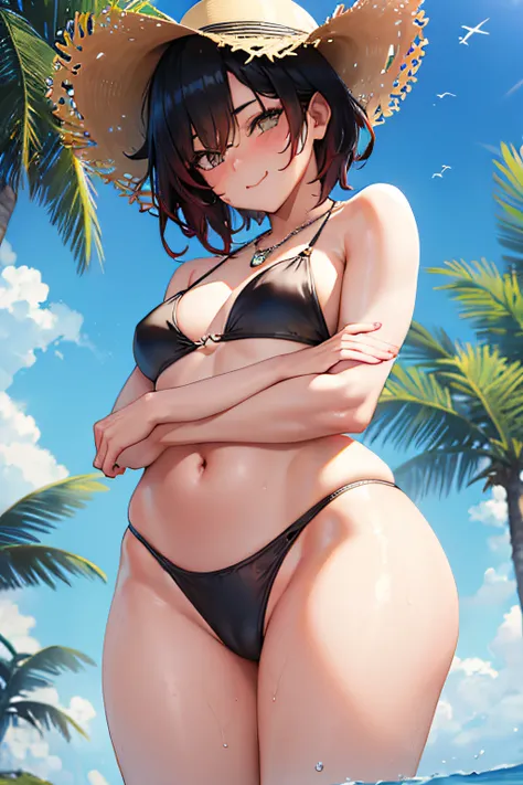 (Masterpiece, Best Quality:1.2),(from below:1.4),pov,(looking down:1.2),bright,(head down:1.2),Cowboy shot,sunny beach, 1girl,black colored hair,short hair, sun hat, smile, closed mouth, looking a viewer, crossed arms,red bikini, Jewelry, necklace, small-b...