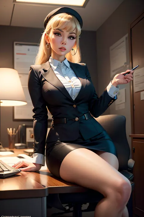 "Generate a charming and professional portrayal of Jeannie from I Dream of Jeannie, reimagined as a secretary. Visualize Jeannie in a modern office setting, dressed in stylish and business-appropriate attire, exuding an air of competence and confidence. Sh...