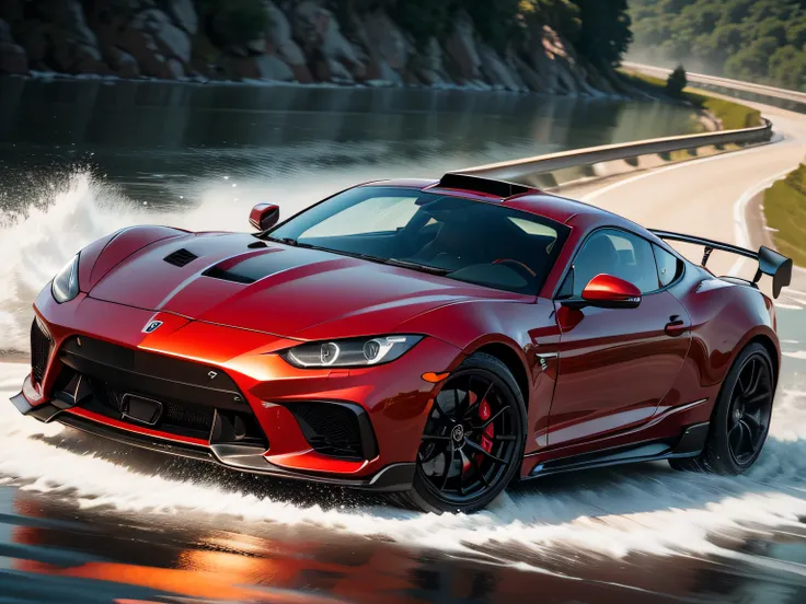 Close-up of a sports car driving across a river, a portrait by Bernardino Mei, shutter inventory, tachisme, Sharp-focus dynamic light, Highly reflective light, Brightly lit, strong rimlight, extreme hight detail, contrast side light, spotlight at a 90 degr...