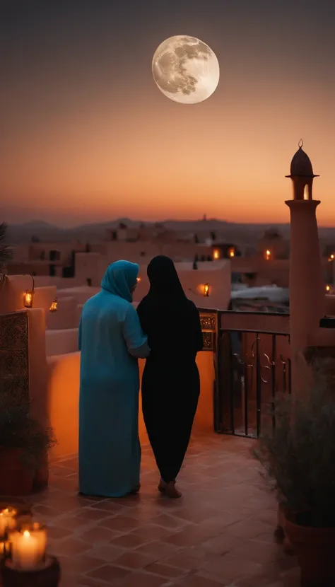 hyper realistic photo, ultra detailed photograph of a beautiful Moroccan rooftop, man and woman from behind, face hidden, towards view, praying together, photorealistic, riad rooftop, Amazigh pillows, Marrakech view, stunning moon, shimmering stars, irides...