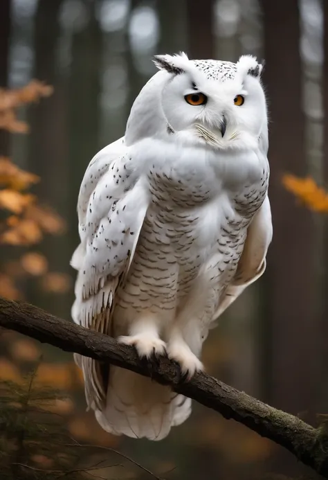 A beautiful white owl in the forest is flying in the distance