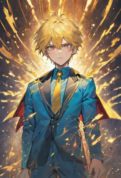 male in a blue suit, full portrait of electromancer, hero character art, iconic character splash art, heroic masculine pose, white cape, red and gold details on the suit, blue hair, yellow eyes