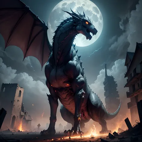 (best quality,4k,8k,highres,masterpiece:1.2),ultra-detailed,(realistic,photorealistic,photo-realistic:1.37),horrible dragon in the sky,earth village, dramatic atmosphere, dark sky, terrifying presence, roaring flames, towering wings, sharp claws, intense f...