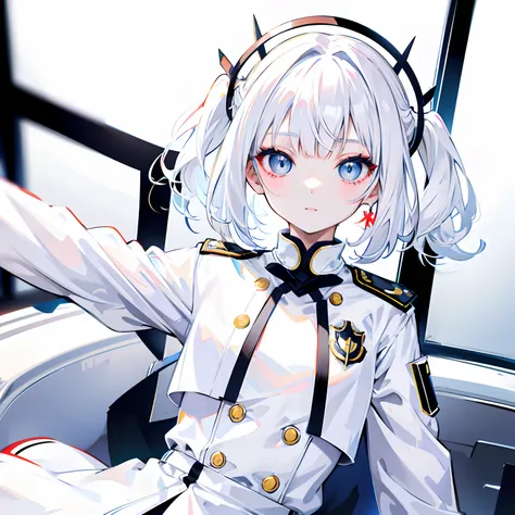 White color hair，hair two side up，White eyes，By bangs，adolable，teens girl，Wearing a white uniform