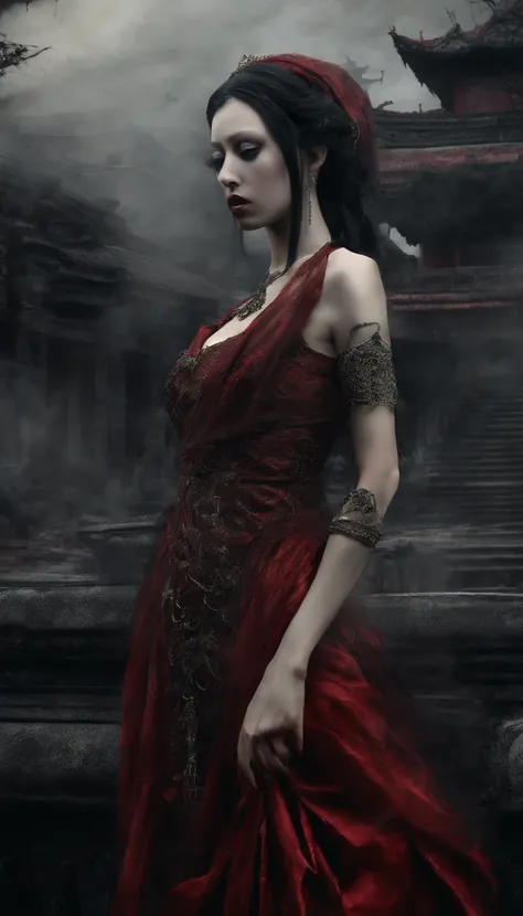 (best quality, masterpieces, hyper-realistic, ultra high-resolution, realistic:1.4), oriental ancient house in the background, damaged, broken, detailed facial features, 1 oriental girl, red clothing, wedding dress, red veil, (ethereal smoke:1.2), upper bo...