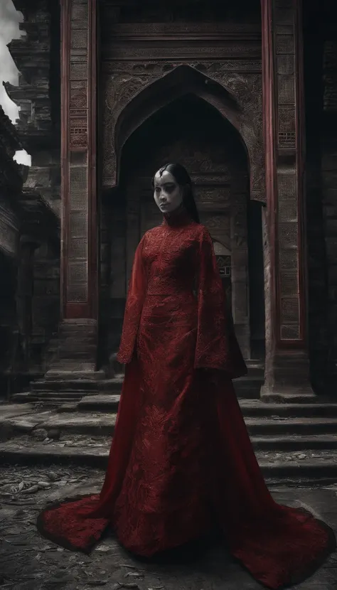 best qualtiy，tmasterpiece，hyper realisitc，超高分辨率，（realisticlying：1.4），Oriental ancient house in the background，Breakage，Broken，Detal Face， 1 Oriental Girl，Redcoat，Wedding dress，red veil，（Ghost smoke：1.2），The upper part of the body，a beauty girl，full bodyesb...