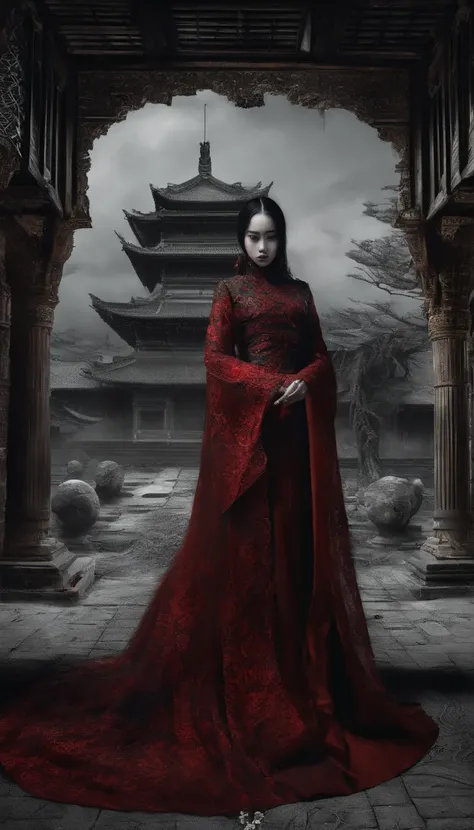 best qualtiy，tmasterpiece，hyper realisitc，超高分辨率，（realisticlying：1.4），Oriental ancient house in the background，Breakage，Broken，Detal Face， 1 Oriental Girl，Redcoat，Wedding dress，red veil，（Ghost smoke：1.2），The upper part of the body，a beauty girl，full bodyesb...