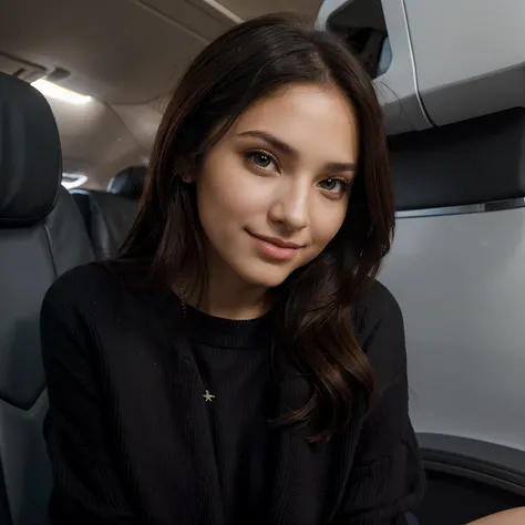 Beautiful model sitting on an airplane, ojos marrones, cabello negro, Black sweater, hermosa sonrisa, ultra realista, foto realista, hiperrealista, 4k