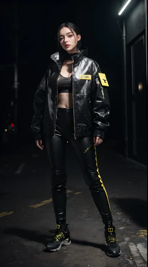 8K, RAW photos, Best quality, Masterpiece: 1.2),(best qualtiy，8K, Yes，32K，masterpiece，hyper HD：1.2) , 20 years old, woman in a yellow jacket and black pants, future techwear, techwear look and clothes, futuristic techwear, techwear, wearing techwear and ar...