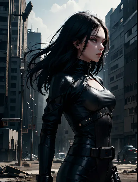 A beautiful woman. Seventeen. Her black hair grows down to her back. She stands in a ruined city with her arms folded, dressed in a black, metallic combat uniform. He has a challenging look on his face. 8K image quality. Cyberpunk style.