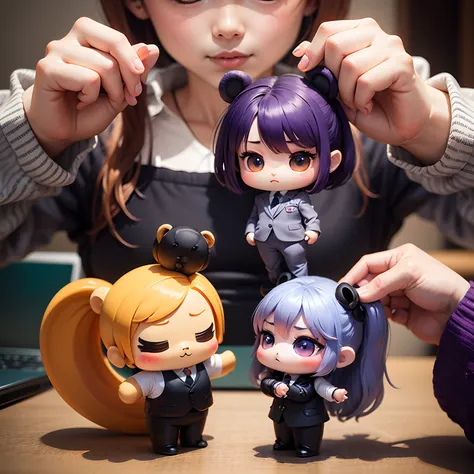 ​masterpiece、top-quality、ultra-detailliert、(Chibi Chara:1.2)、Purple Bear of Lies、Business suits、Chibi Office、Standing