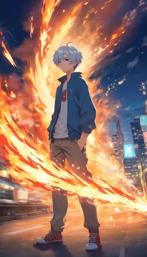 Best Quality, masutepiece, 超A high resolution, (photos realistic:1.4), surrealism, dream-like,fusionart, Anime Boy, White hair, Red Eyes, In the Dark, Fire magic,short-haired