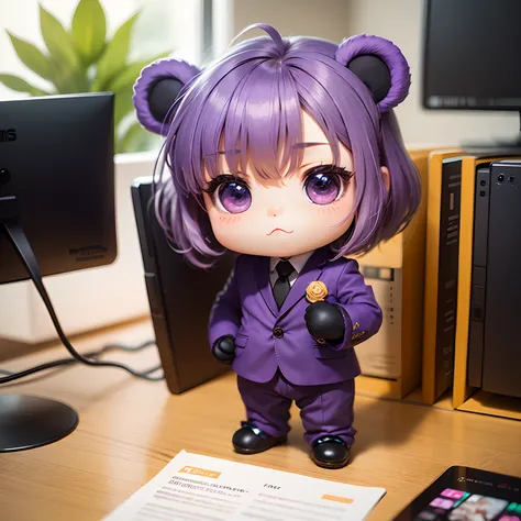 ​masterpiece、top-quality、ultra-detailliert、(Chibi Chara Purple Bear:1.2)、独奏、Business suits、Chibi Office、personal computers、Standing