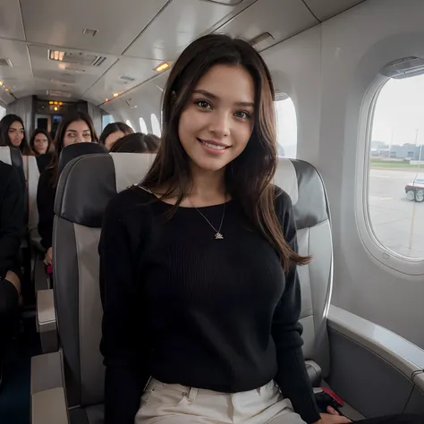 Beautiful model sitting on an airplane, taking a selfie, sonriendo, ojos marrones, cabello negro, Black sweater, hermosa sonrisa, ultra realista, foto realista, hiperrealista, 4k, Selfie