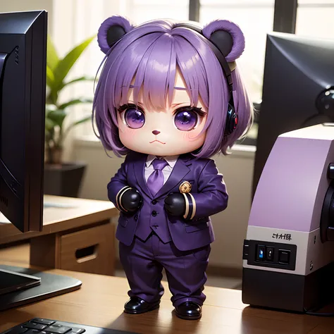 ​masterpiece、top-quality、ultra-detailliert、(Chibi Chara Purple Bear:1.2)、独奏、Business suits、Chibi Office、personal computers、Standing