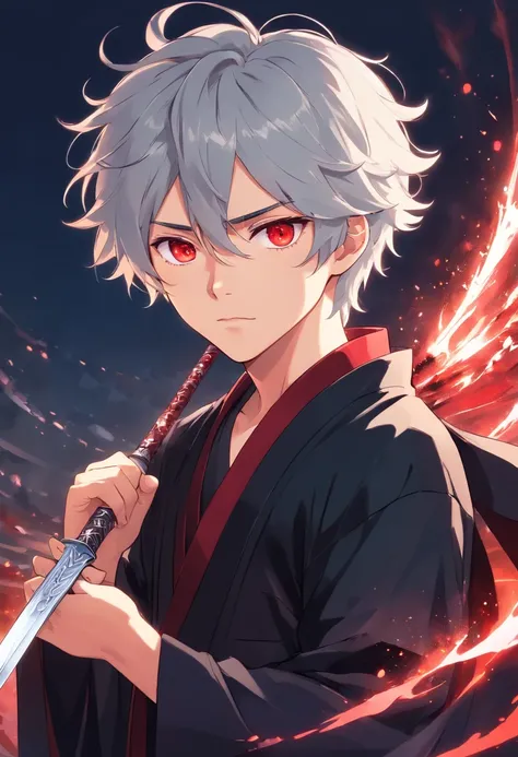 Young teenage man with white curly hair、It is blood-red eyes dressed in a black costume with silver accents holding a glass sword　animesque，Sharp eyes，Black Hakama