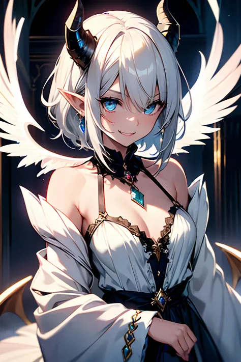 1girl, Highly detailed, elf ears, very short hair, white hair, asymmetrical hair, wavy hair, 1920s ornate dress, blue eyes, glowing eyes, smiling, fangs, dragon eyes, feathered hair, blue gem necklace, slender, angel wings, small-medium chest, dragon horns...