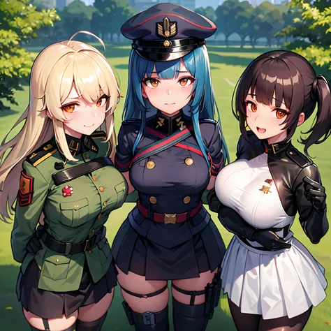 Tres mujeres con uniformes militares posando para una foto, girl front line style, De Girls Frontline, Thicc, detalles finos. girls frontline, militarista!!!, Infantry girls, Chicas de anime, Estilo anime Ecchi, Anime Maid SS Militar, Military girl, Compos...