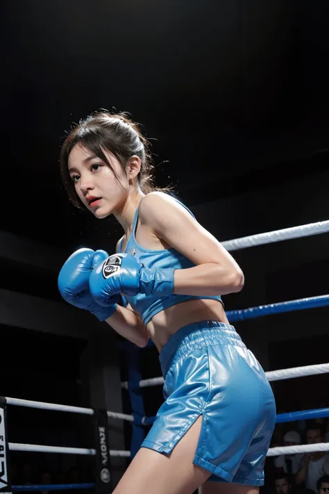 Light blue boxing gloves，Boxing pose，photo from the side，Fist swinging action，hyper HD，超高分辨率，1.4x True-to-life Ultra HD