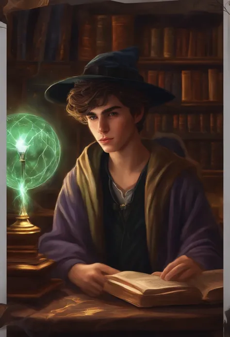 90s style teenager Wizard, Hogwarts student (17 years old) digital art, chilling, awesome lightning, in his room, playing magic the gathering