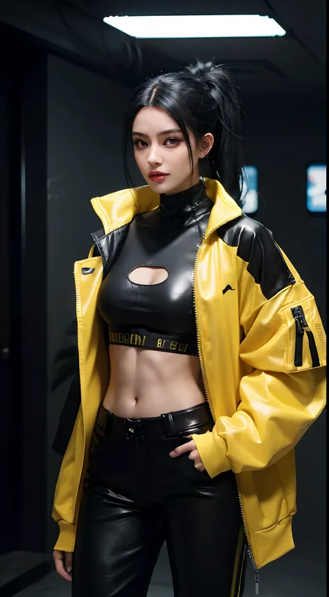 8K, RAW photos, Best quality, Masterpiece: 1.2),(best qualtiy，8K, Yes，32K，masterpiece，hyper HD：1.2) , 20 years old , perfect boobs, black hair color, abs, skinny body, 170 cm height, ponytail,arafed woman in a yellow jacket and black pants standing in a ro...