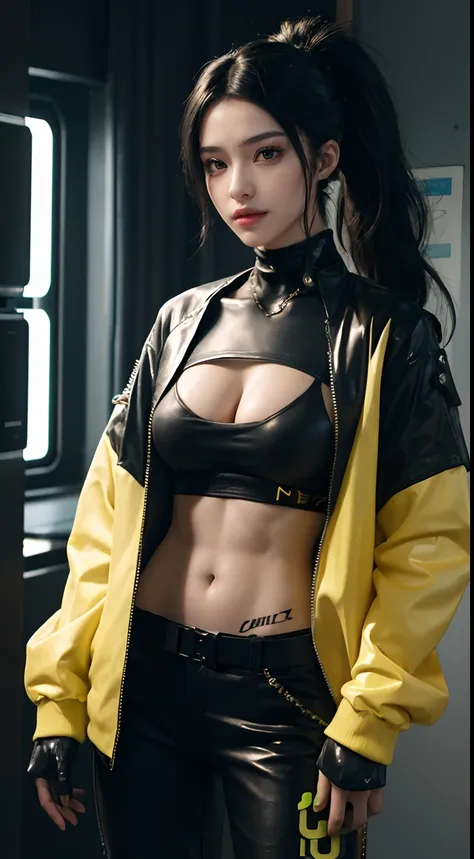 8K, RAW photos, Best quality, Masterpiece: 1.2),(best qualtiy，8K, Yes，32K，masterpiece，hyper HD：1.2) , 20 years old , perfect boobs, black hair color, abs, skinny body, 170 cm height, ponytail,arafed woman in a yellow jacket and black pants standing in a ro...