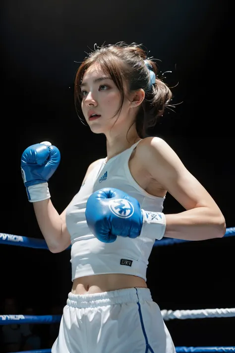 Light blue boxing gloves，White top，Boxing pose，photo from the side，Fist swinging action，hyper HD，超高分辨率，1.4x True-to-life Ultra HD