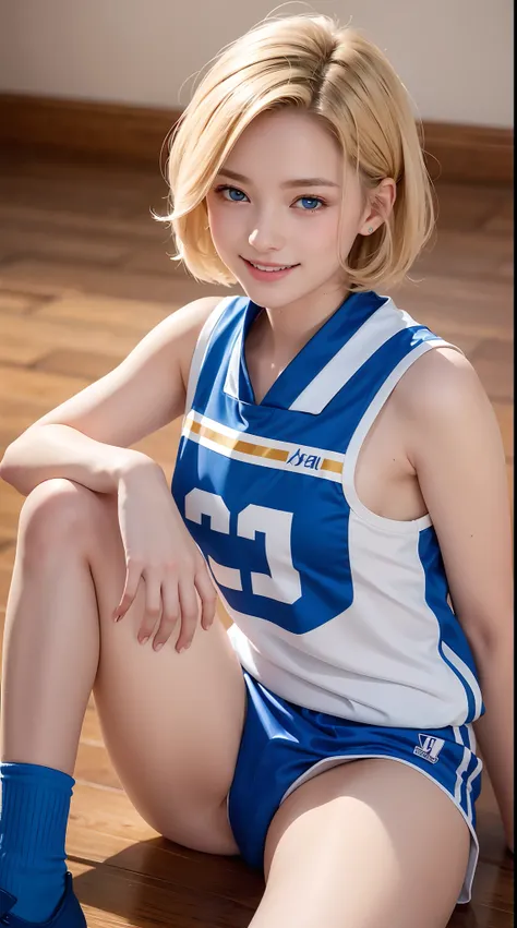 femele,１2 years old,Golden head hair,White and blue silk basketball uniform,Shorthair,Blue eyes,Mansuji, A smile,,I see underwear,full body Esbian, (Close Shot, Best Quality, hight resolution, 4K, Detailed Lighting, Shaders, NSFW),  Smiling,  ( Blushing:1....