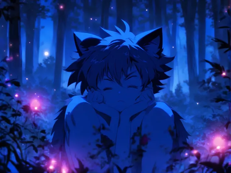 (best quality,highres,masterpiece:1.2),shy expression,young boy,human anatomy,cat ears,detailed ears,detailed face,tousled hair,shy expression,newborn expression,fit physique,sweat,detailed abs,revealing nudity,detailed sweating,Forest,nature scenery,night...