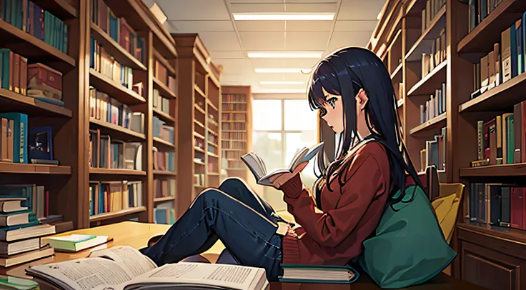 girl reading book in library, anime