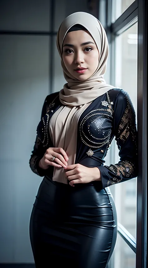 1 malay girl , modern plain hijab,  shy, medium portrait shot , watery  eyes , glowing particles, wear high neck kebaya, big breast,  light bokeh background, proportional body,