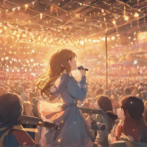 On a summer night，People gather at outdoor concert venues。Touching music plays on stage，The notes flutter in the wind。Professional painting captures the expressions and gestures of musicians，At the same time, It shows the emotional communication between th...