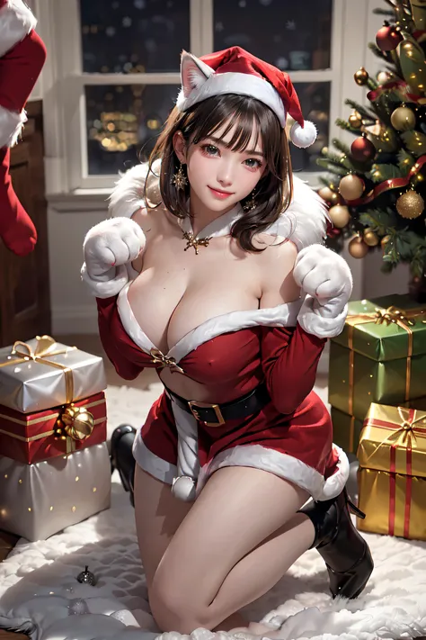 masterpiece, top-quality, top-quality, Beautifully Aesthetic:1.2, 1girl, Christmas night, ((Wearing a high-quality fur costume cat, gloves of cat, cat paw-shaped shoes, fur miniskirt):1.2), high detailed, (kneeling with paw pose:1.3), large breasts, firm b...