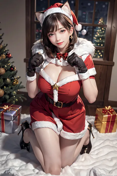 masterpiece, top-quality, top-quality, Beautifully Aesthetic:1.2, 1girl, Christmas night, ((Wearing a high-quality fur costume cat, gloves of cat, cat paw-shaped shoes, fur miniskirt):1.2), high detailed, (kneeling with paw pose:1.3), large breasts, firm b...