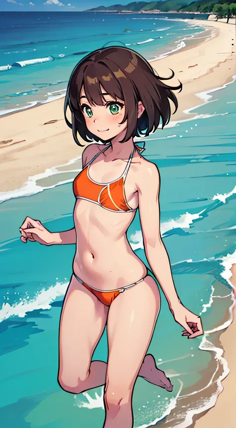 (Masterpiece),(top-quality),in 8K, a beauty girl,Full body like,((small udder)),((skinny thigh)),(((Very Shorthair:1.3))),Nice big green eyes, (High detail eyes), double tooth,dark brown hair, Hair fluttering in the wind,,(Orange swimsuit:1.3),(Sports-type...