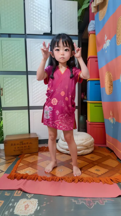 a little girl standing on top of a rug, heroic muay thai stance pose, girl standing, duy beni serial, wearing inka clothes, full body photgraph, panoramic centered view of girl, my dress-up darling, photo of the girl, standing pose, hands behind her body p...